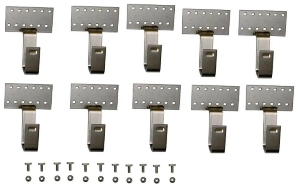 Set aus 10 Aluminium-Haken mit Lochplatte, geeignet für die Montage, inklusive passendem Befestigungsmaterial. Hersteller: Wolf.